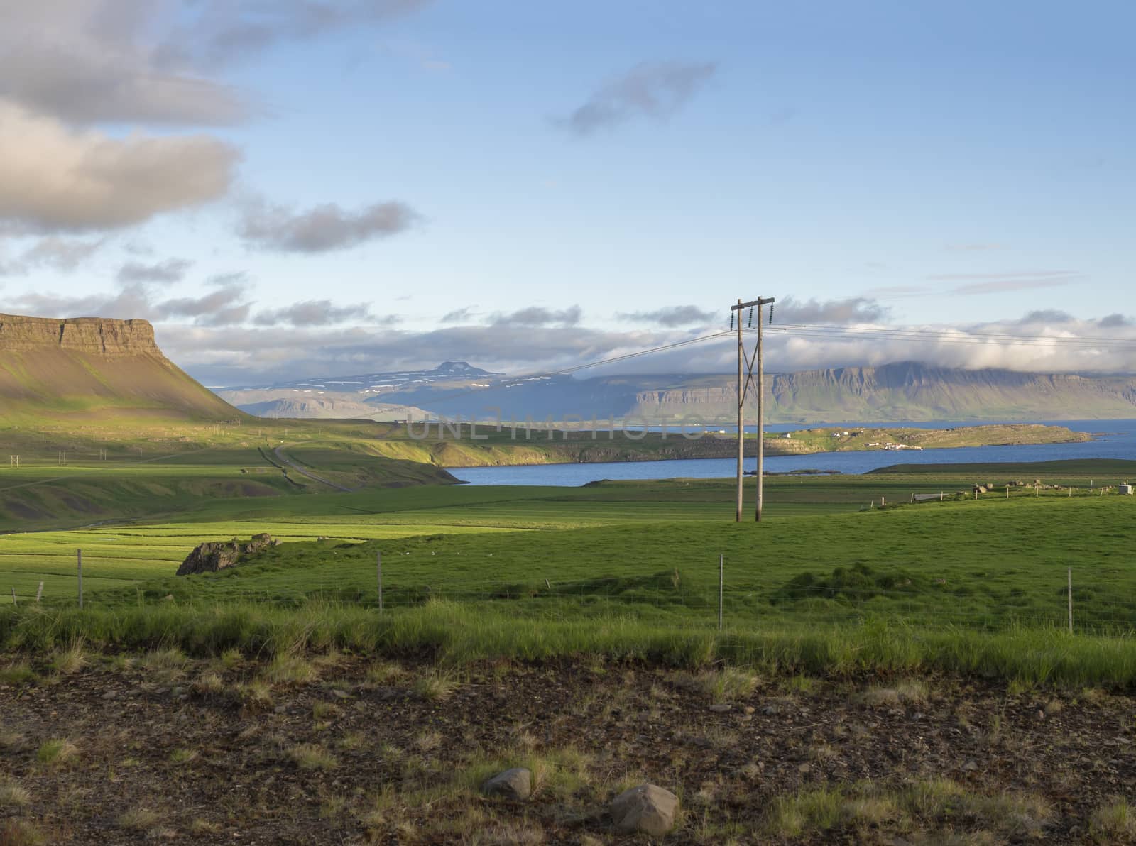 rural northern landscape with green grass and volcanic hills, aline pole, blue sky clouds, golden hour, summer in Iceland west fjords by Henkeova