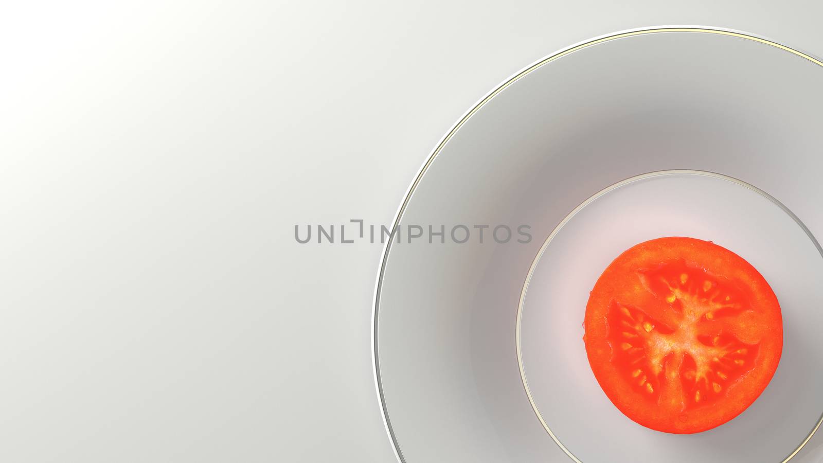 The Golden white plate containing a tomato, cut in half. Represent the service of a dish of tomatoes. Symbolizes the lack of food or the simplicity of a minimalist meal. Can evoke a diet. 3D rendering