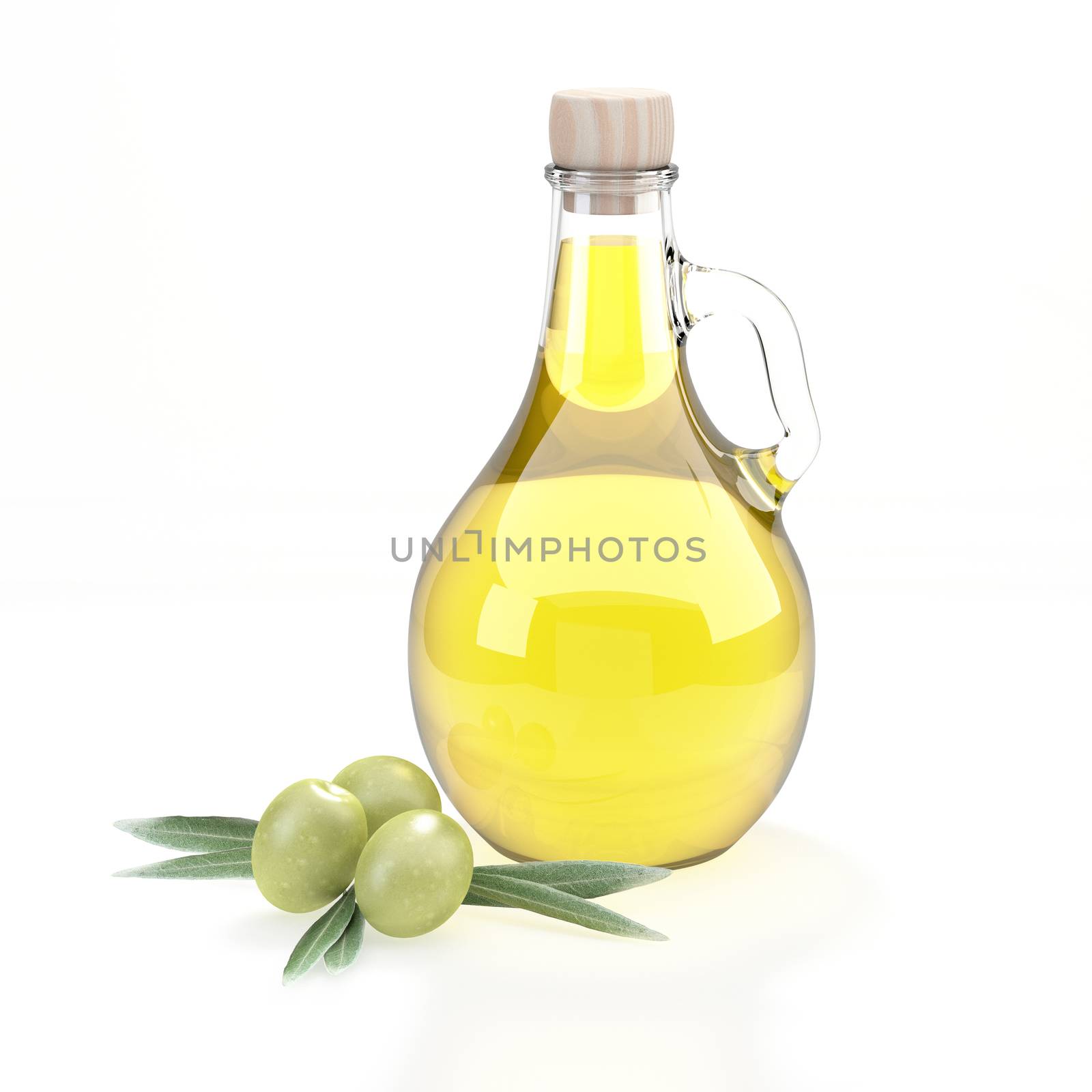 Oil bottle in the shape of a flask with a handle covered with a wooden cap. Green olives from the olive tree to the left of the container. Branches of green leaves. Reflections of light on the glass container. 3D Rendering