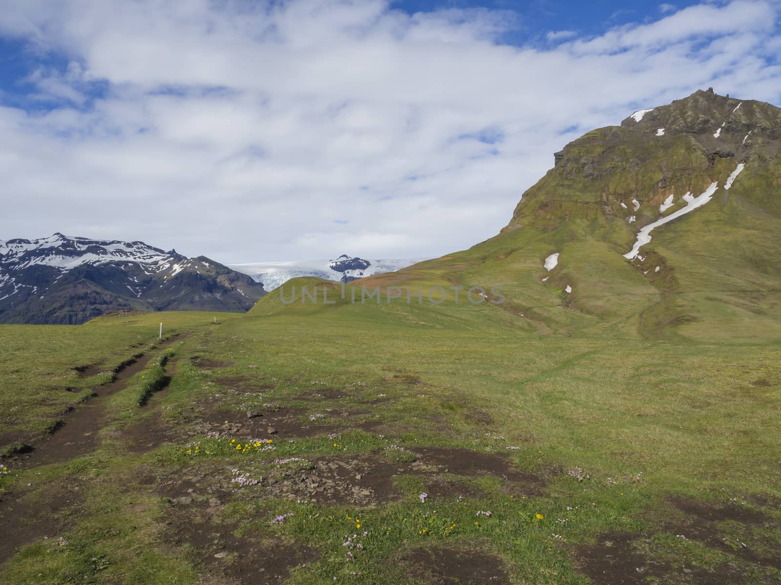 green grass footpath and hill with view on glacier Skaftafellsjokull, Vatnajokull spur in Skaftafell Park, South Iceland