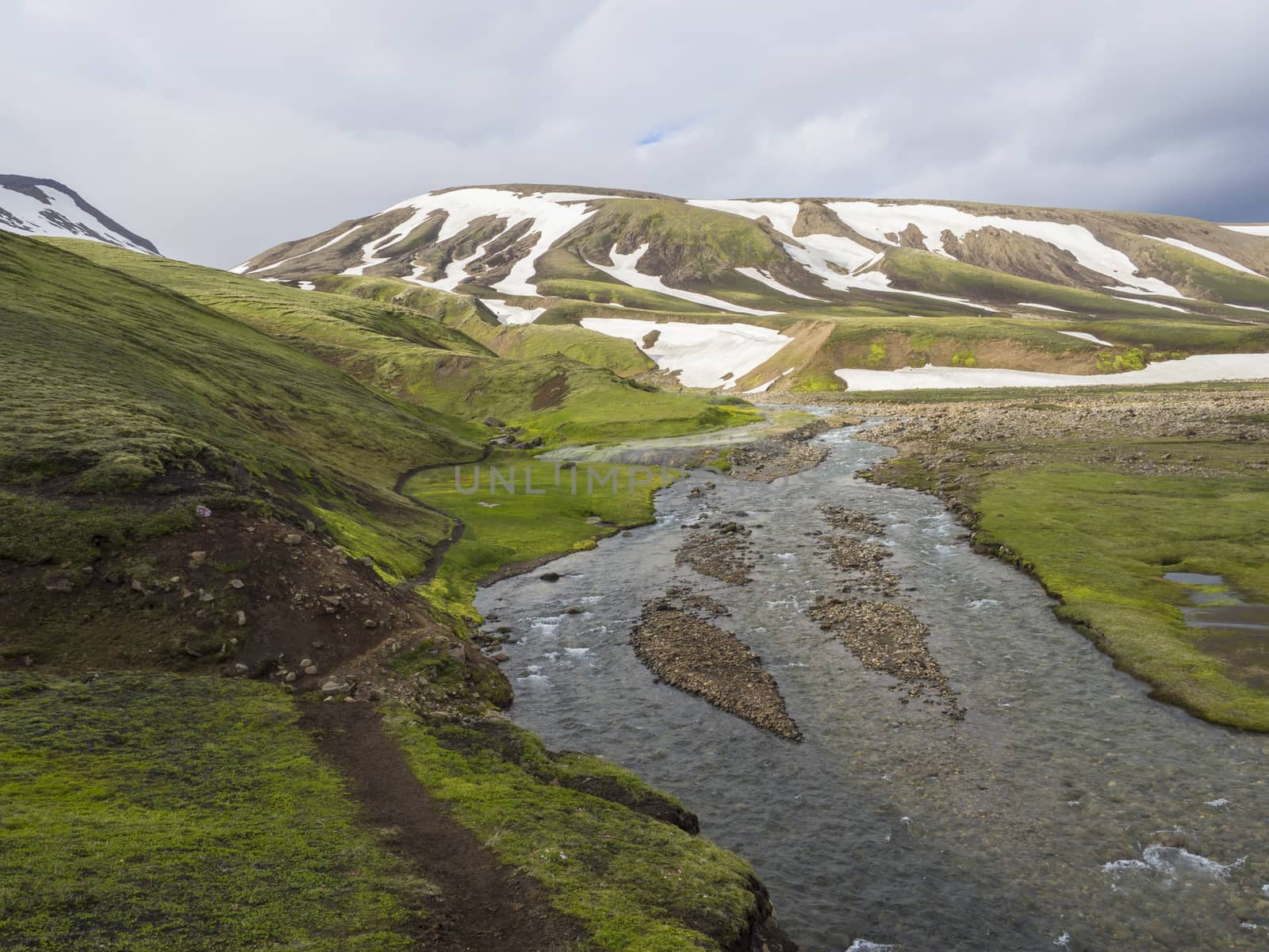 summer landscape with colorful green and orange moss meadow with hot springs and snow covered rhyolit mountains in geothermal area near road f210 in Iceland nature reserve Fjallabaki.