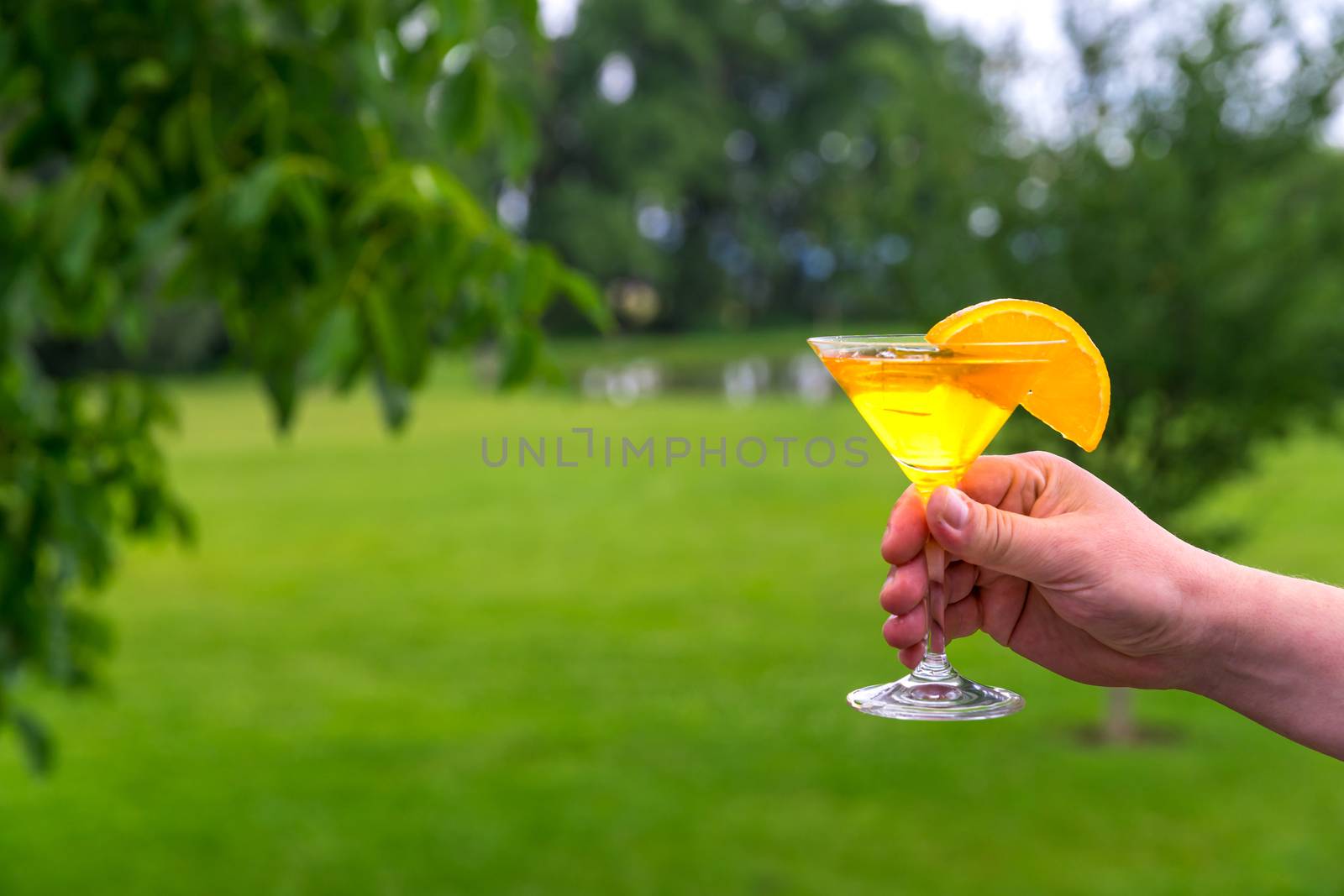 hand with a glass of aperetive at a garden party. copy space