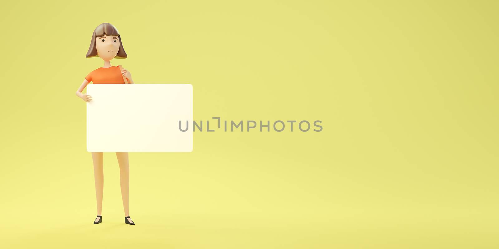 Character Young beautiful woman hold to blank paper on yellow banner background with copy space.,3d model and illustration. by anotestocker