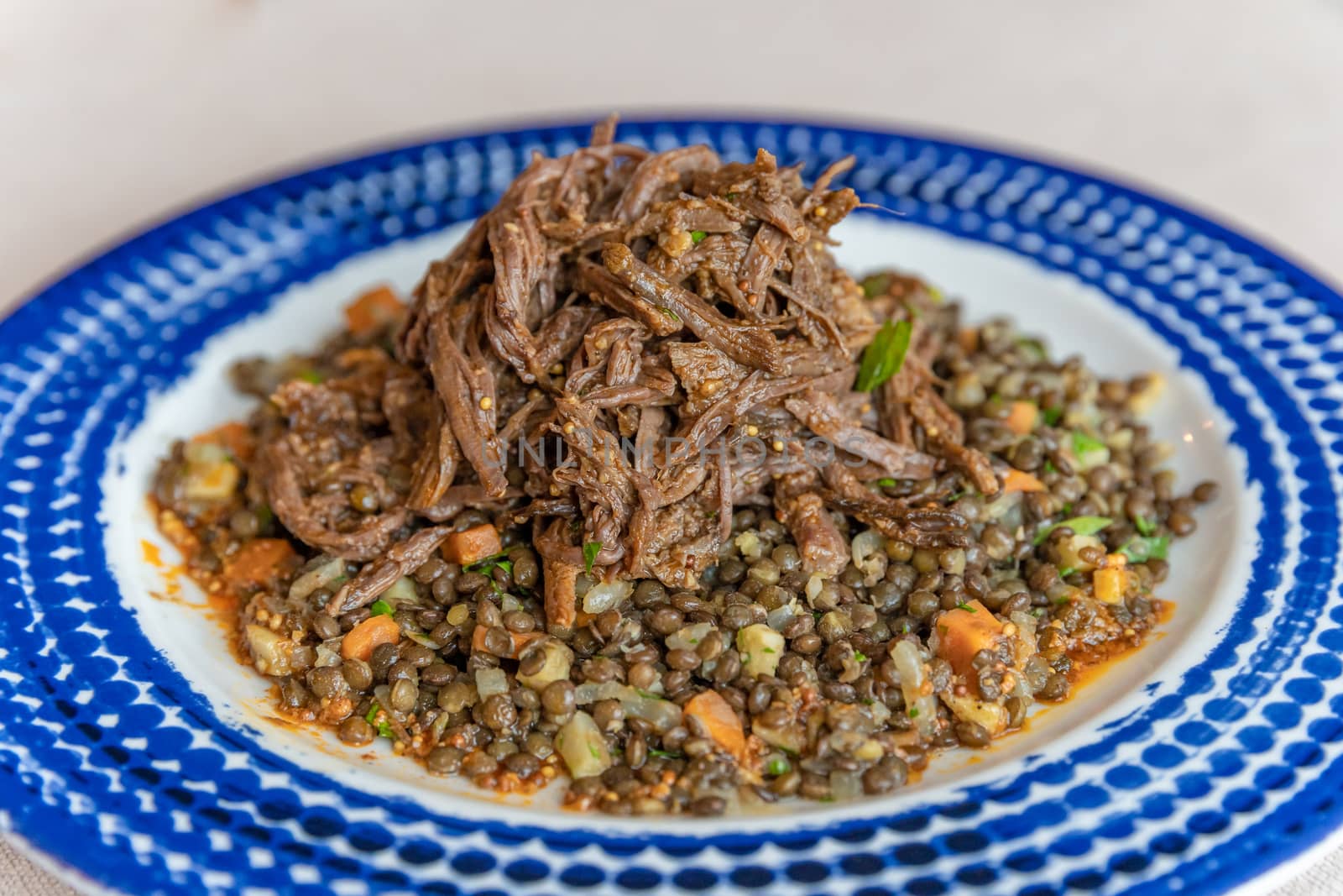shredded meat with beans and stewed vegetables on a plate.