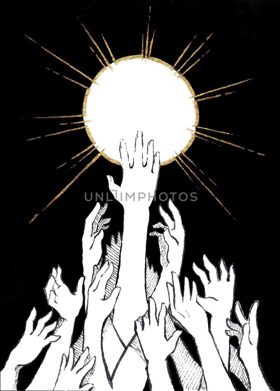 Many human hands try to reach for something in a golden circle. Concepts of hope, desire, passion and enchantment. Suitable for use in posters, flyers, book covers.