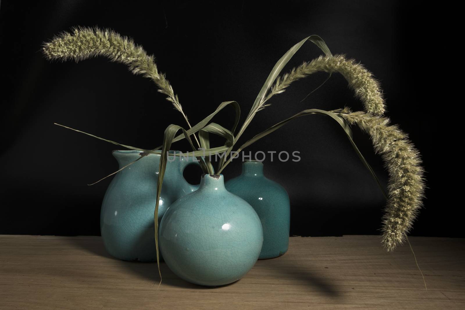 three blue vases still life on wooden table with wheat or corn it in on black background