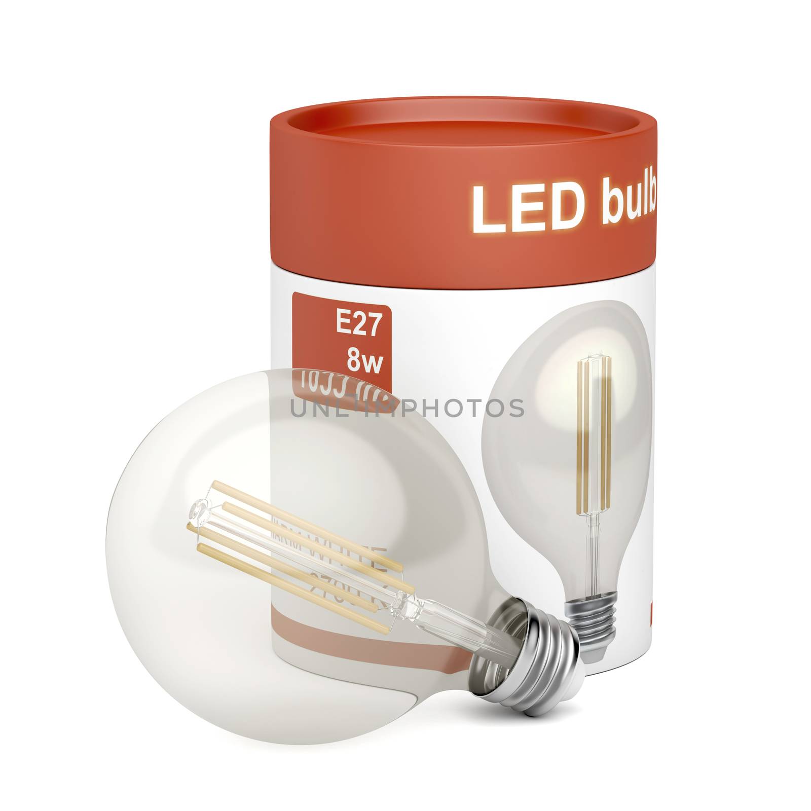 LED light bulb with plastic box on white background