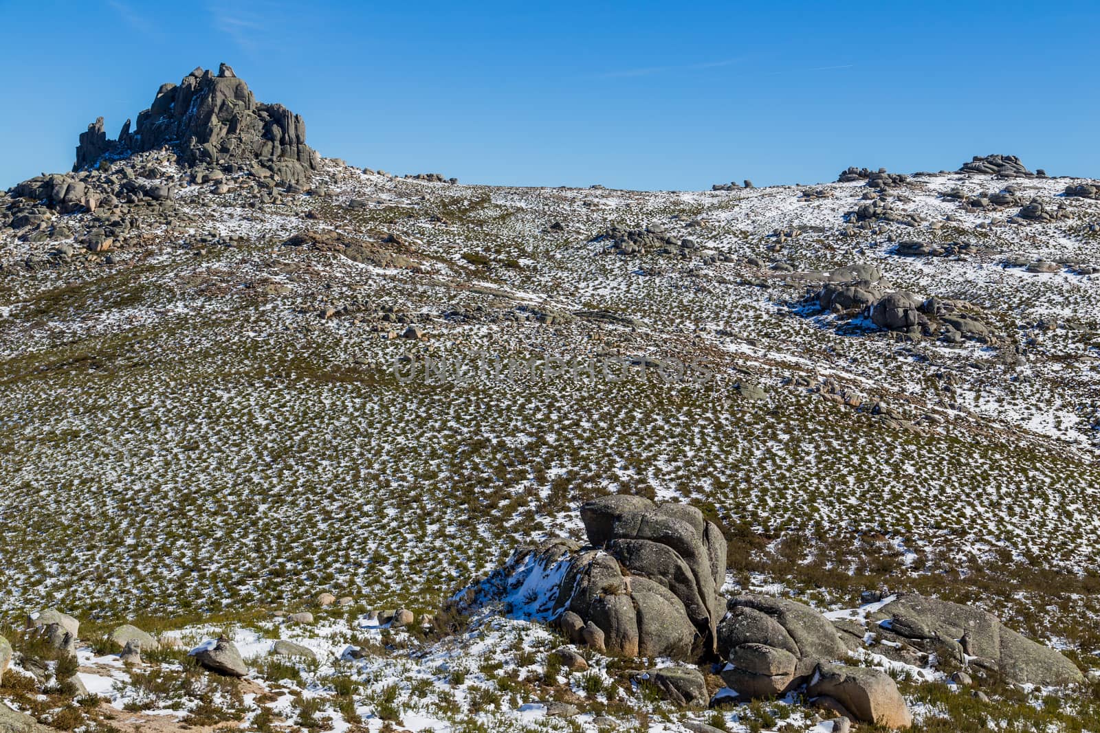 Winter landscape with snow in mountains of Serra do Xures natural park, Galicia, Spain