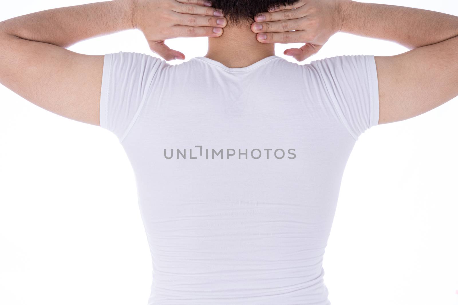 A man feeling exhausted and suffering from neck and head pain and injury on isolated white background. Health care and medical concept.