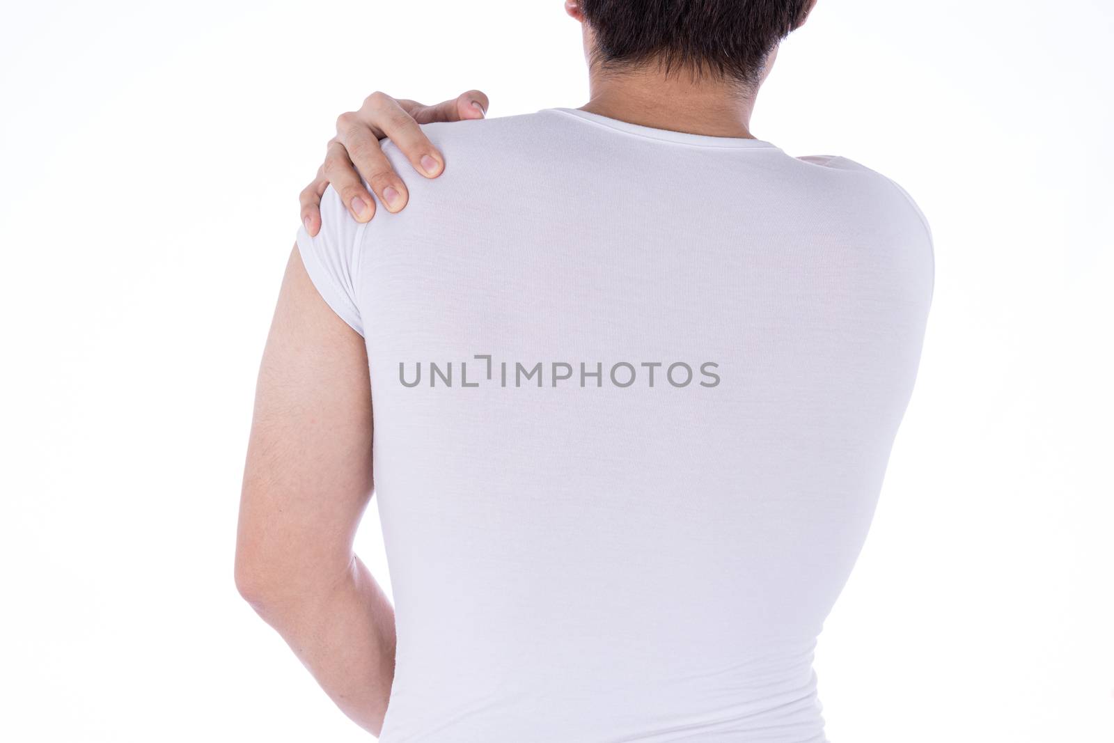 A man feeling exhausted and suffering from shoulder and neck pain and injury on isolated white background. Health care and medical concept.