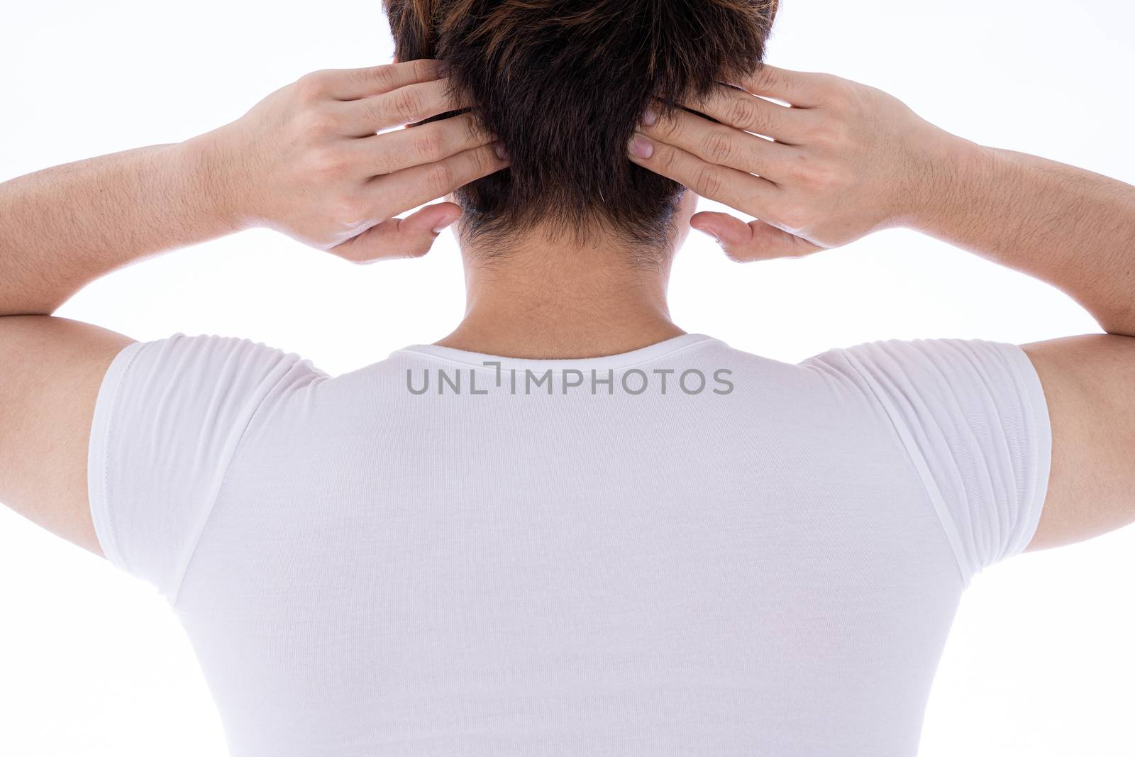 A man feeling exhausted and suffering from neck and head pain and injury on isolated white background. Health care and medical concept.