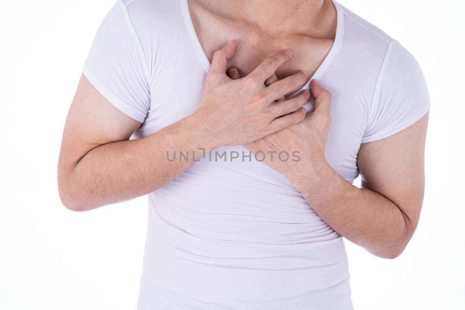 A man feeling exhausted and suffering from heart pain and injury on isolated white background. Health care and medical concept.