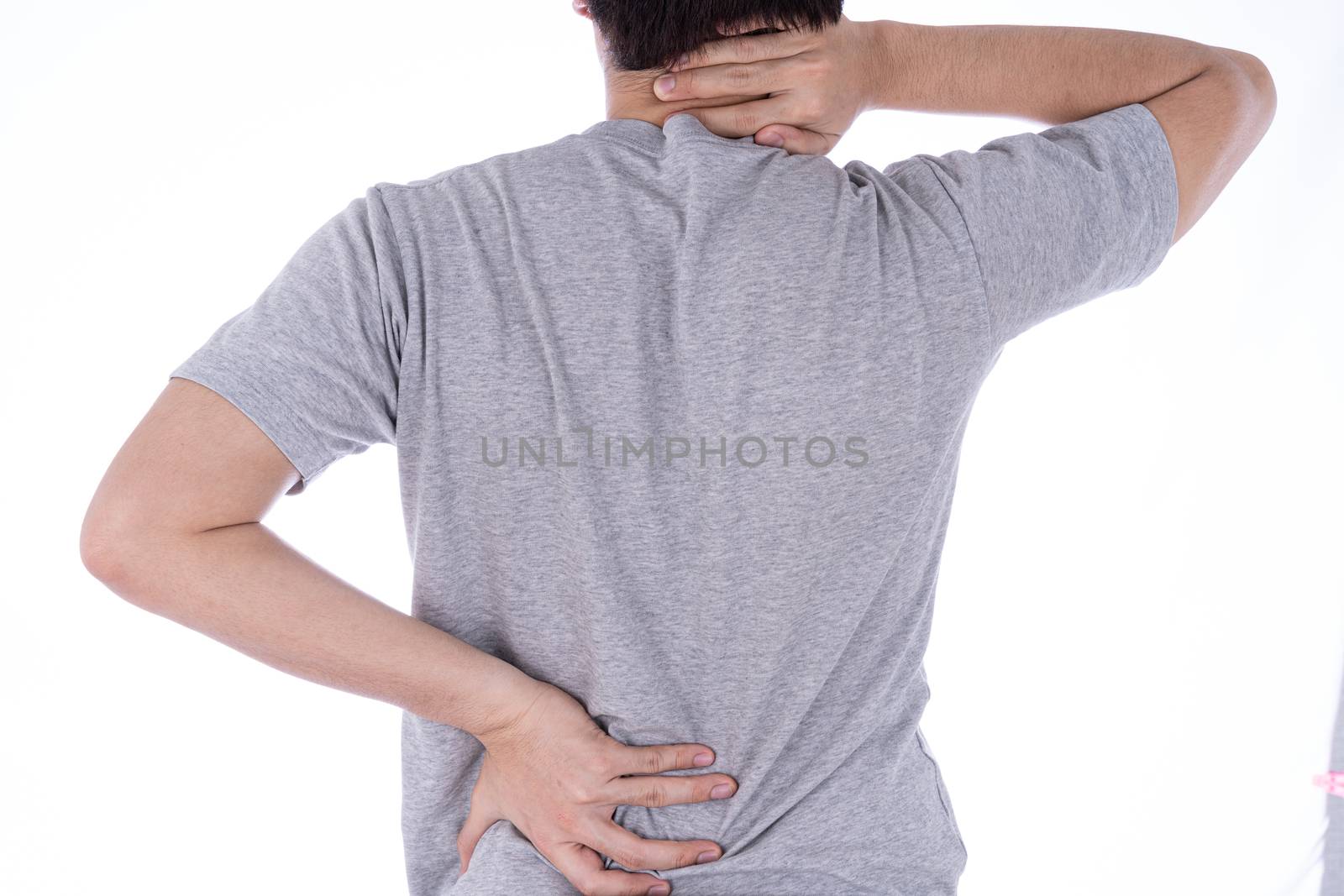 A man feeling exhausted and suffering from neck and back pain and injury on isolated white background. Health care and medical concept.
