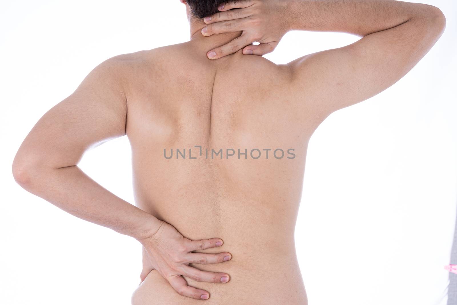 A man feeling exhausted and suffering from neck and back pain and injury on isolated white background. Health care and medical concept.