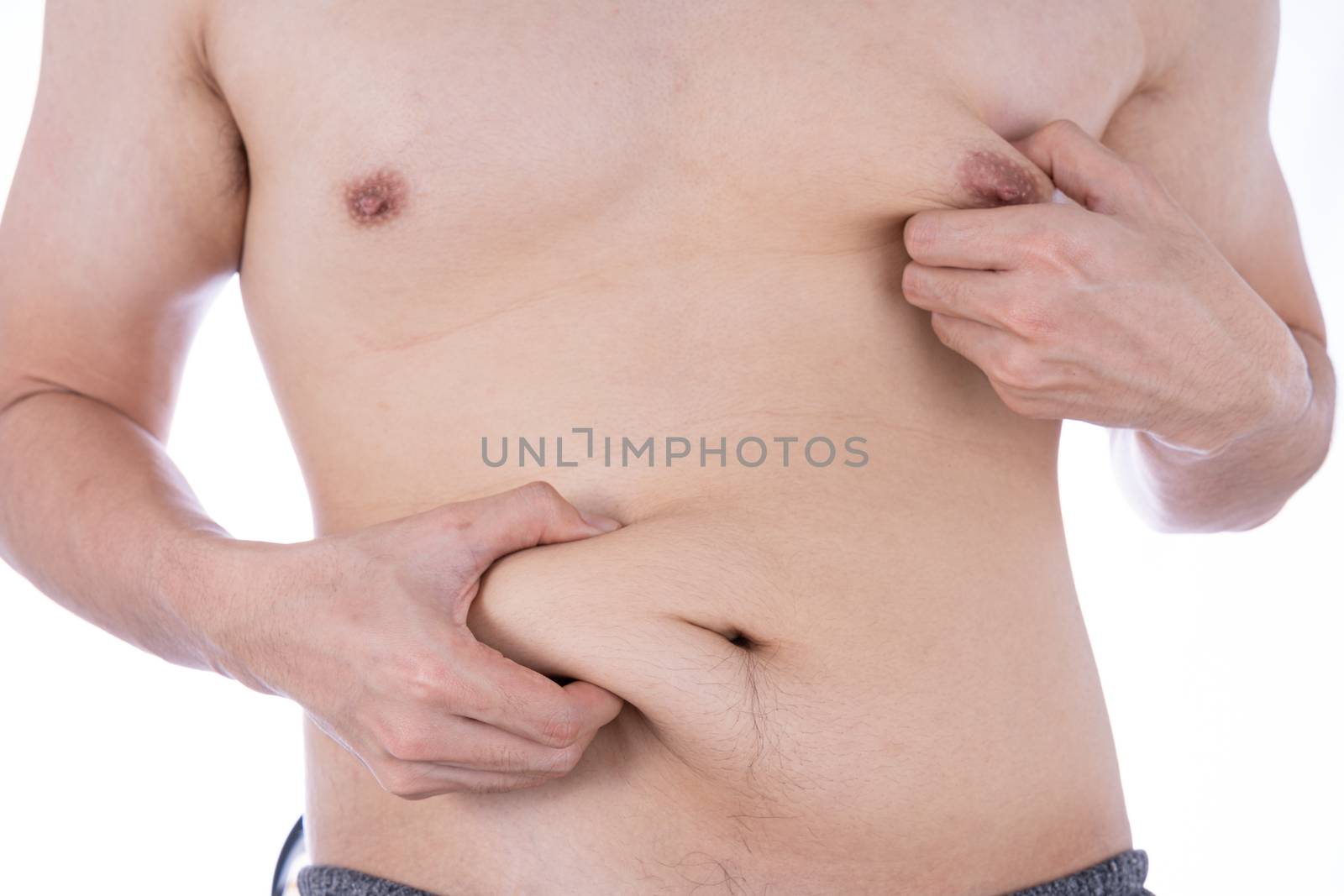 Close up the excessive fat belly on isolated white background. Man overweight abdomen. Man diet lifestyle concept reduce belly and shape up healthy stomach muscle. Weight loss, slim body concept.