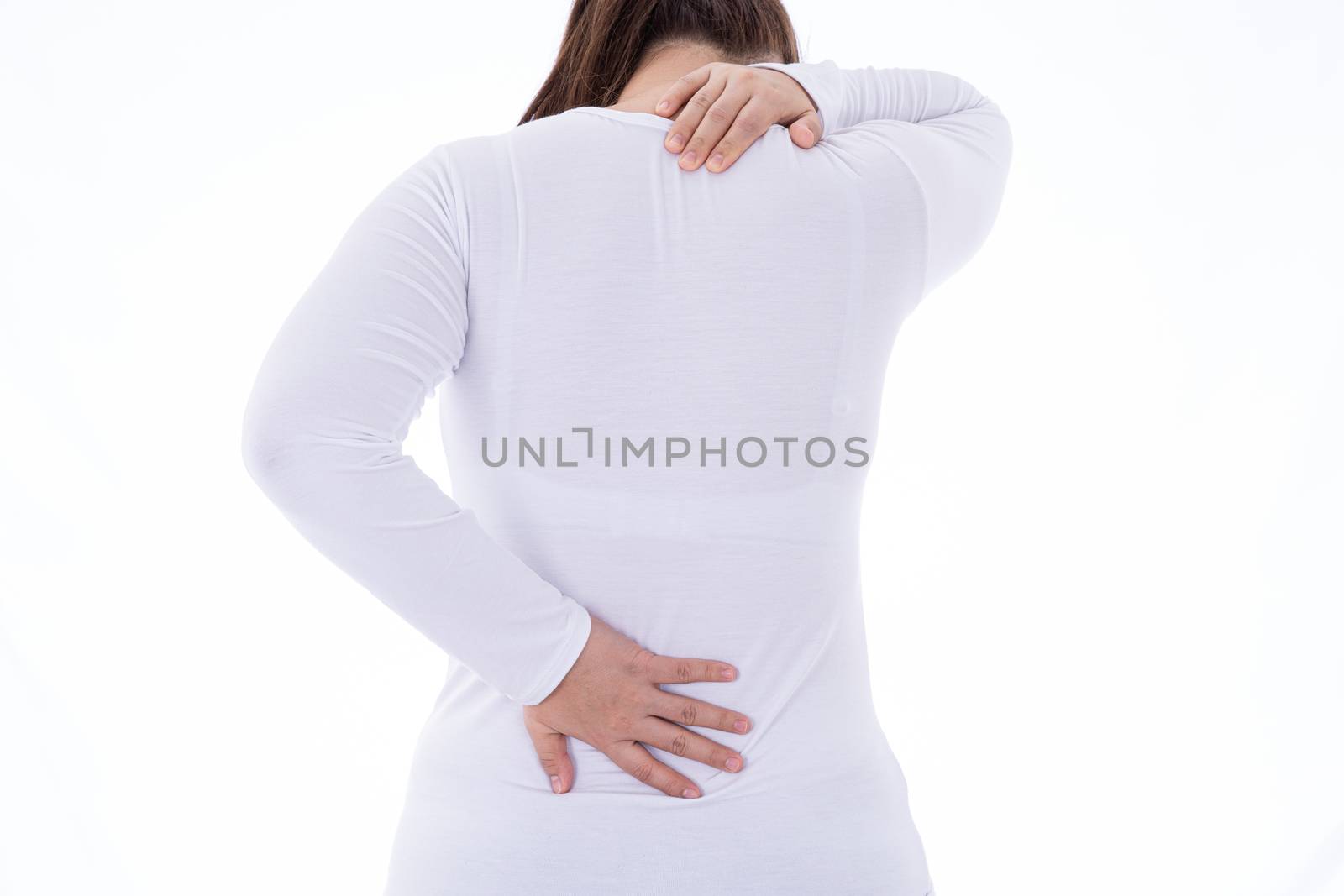 A woman feeling exhausted and suffering from neck and back pain and injury on isolated white background. Health care and medical concept.