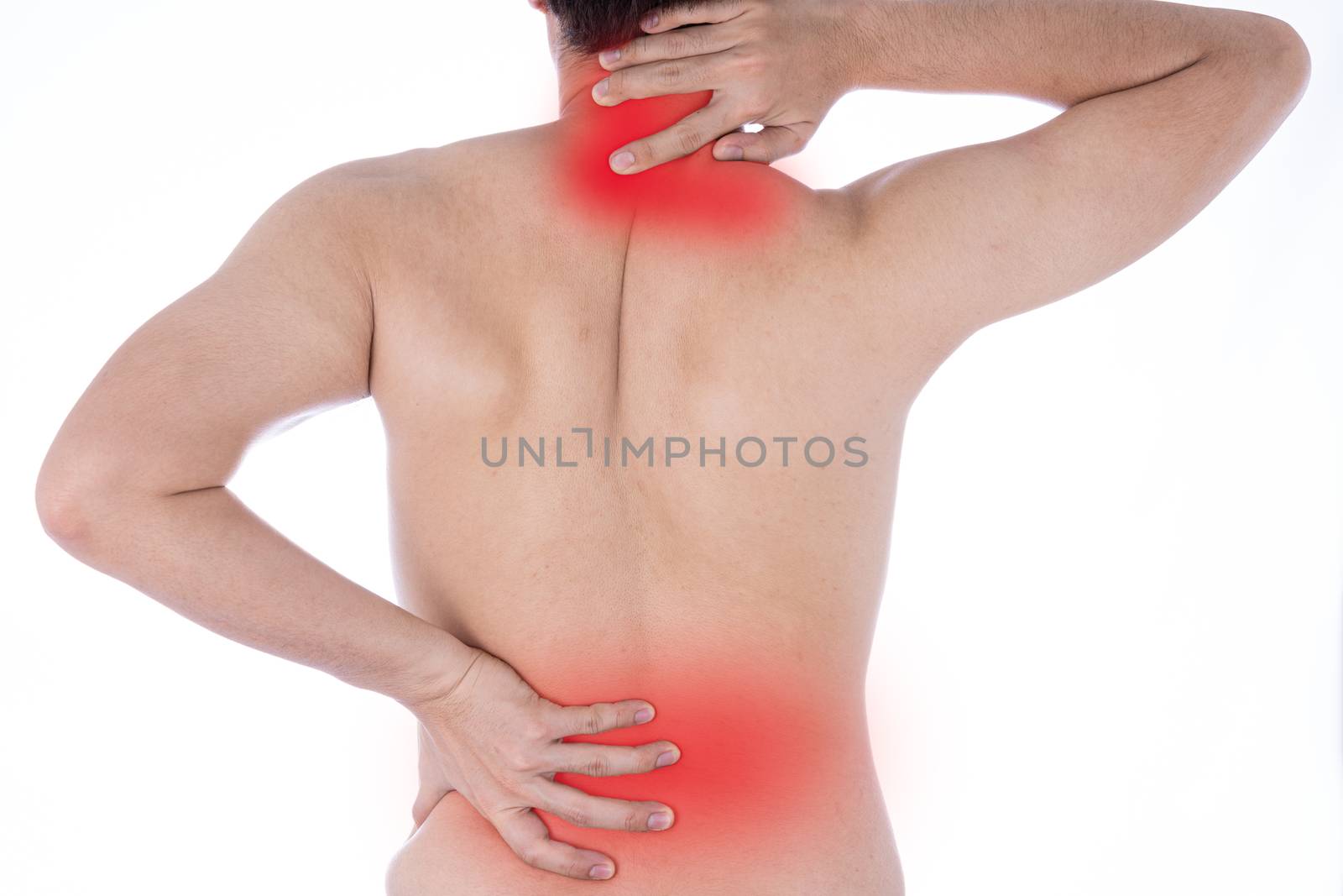 A man feeling exhausted and suffering from neck and back pain and injury on isolated white background with red spot. Health care and medical concept.