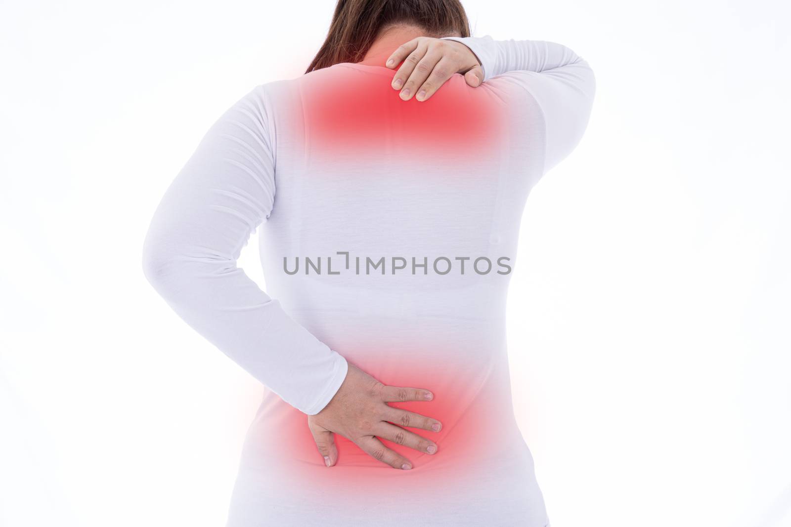 A woman feeling exhausted and suffering from neck and back pain and injury on isolated white background with red spot. Health care and medical concept.