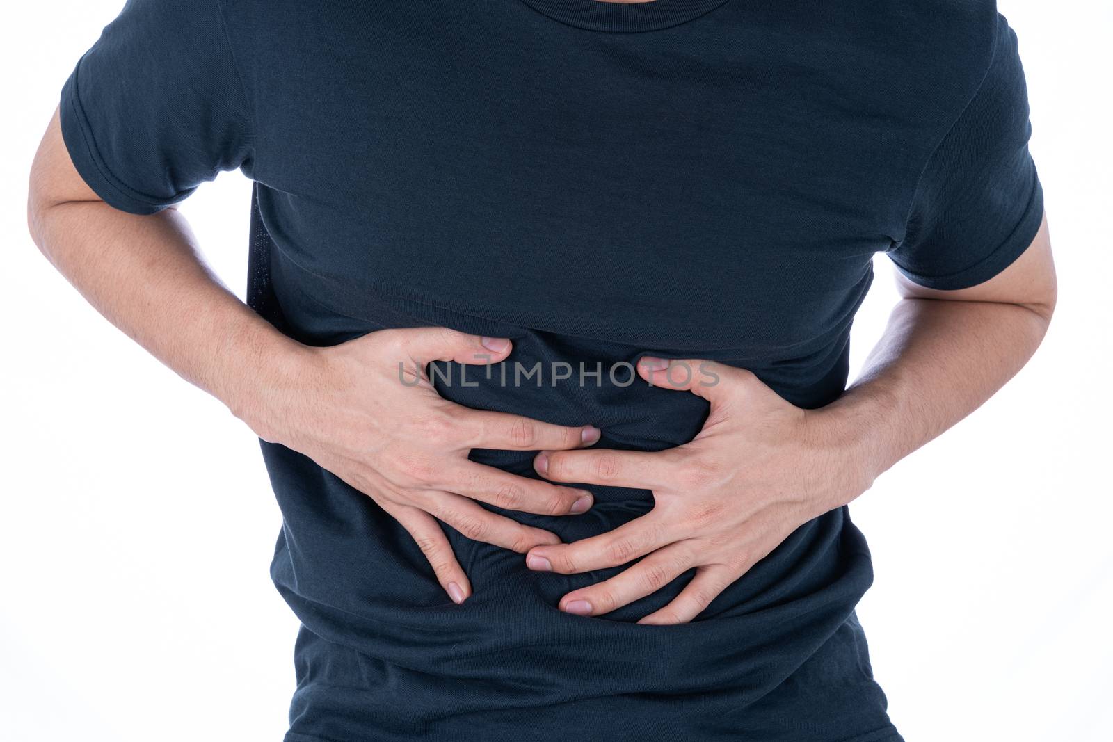 A man feeling exhausted and suffering from stomach pain and injury on isolated white background. Health care and medical concept.