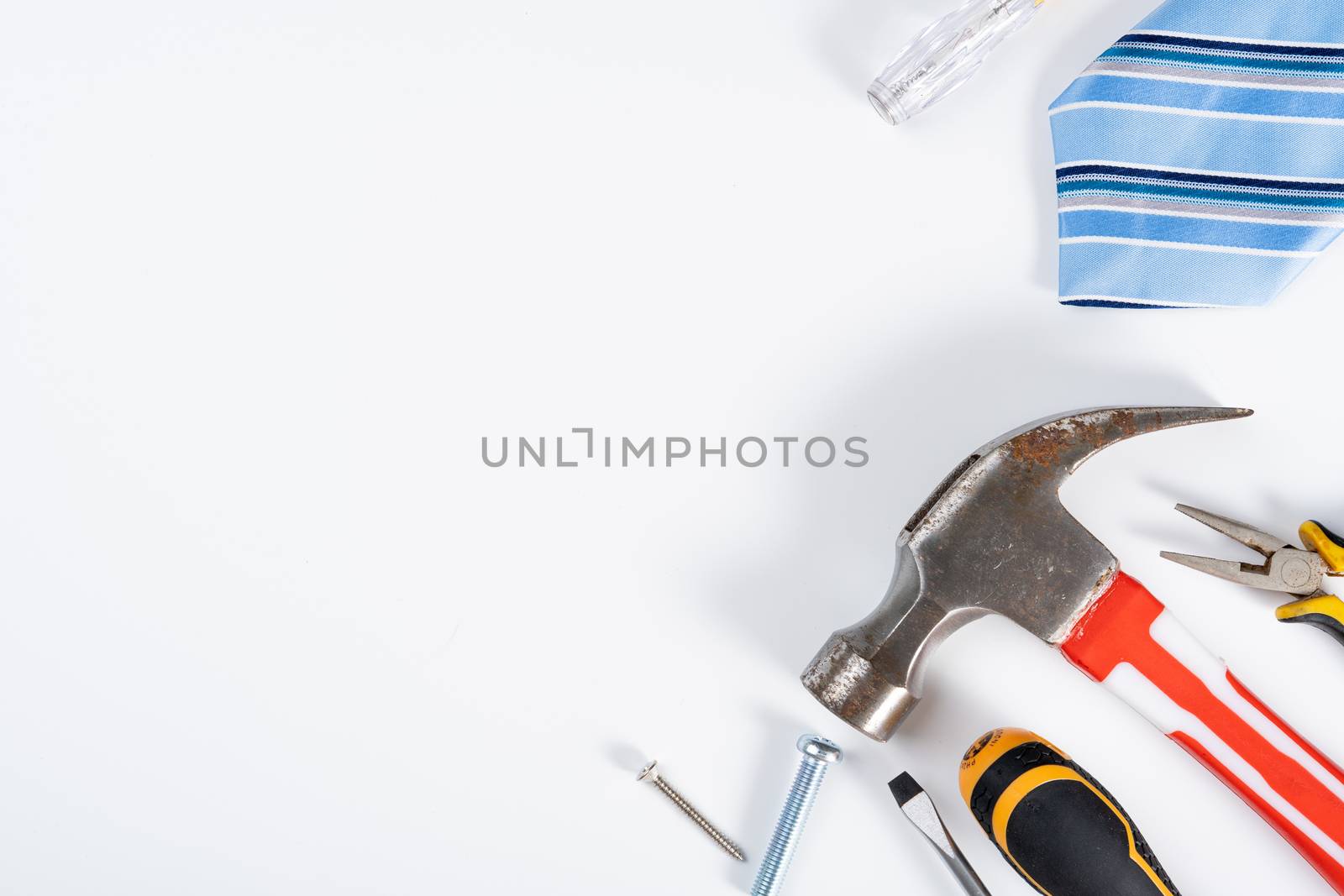 Happy Father Day background concept with tools and tie on white background with copy space for text.