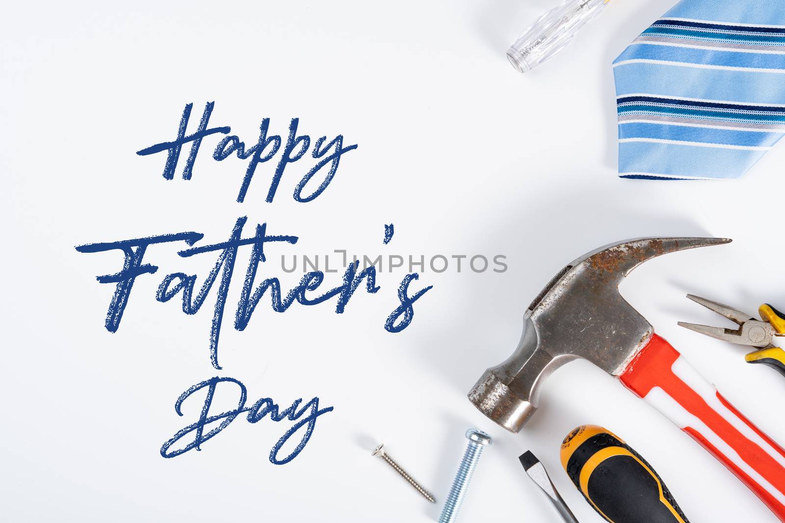 Happy Father Day background concept with tools and tie on white background with copy space for text.