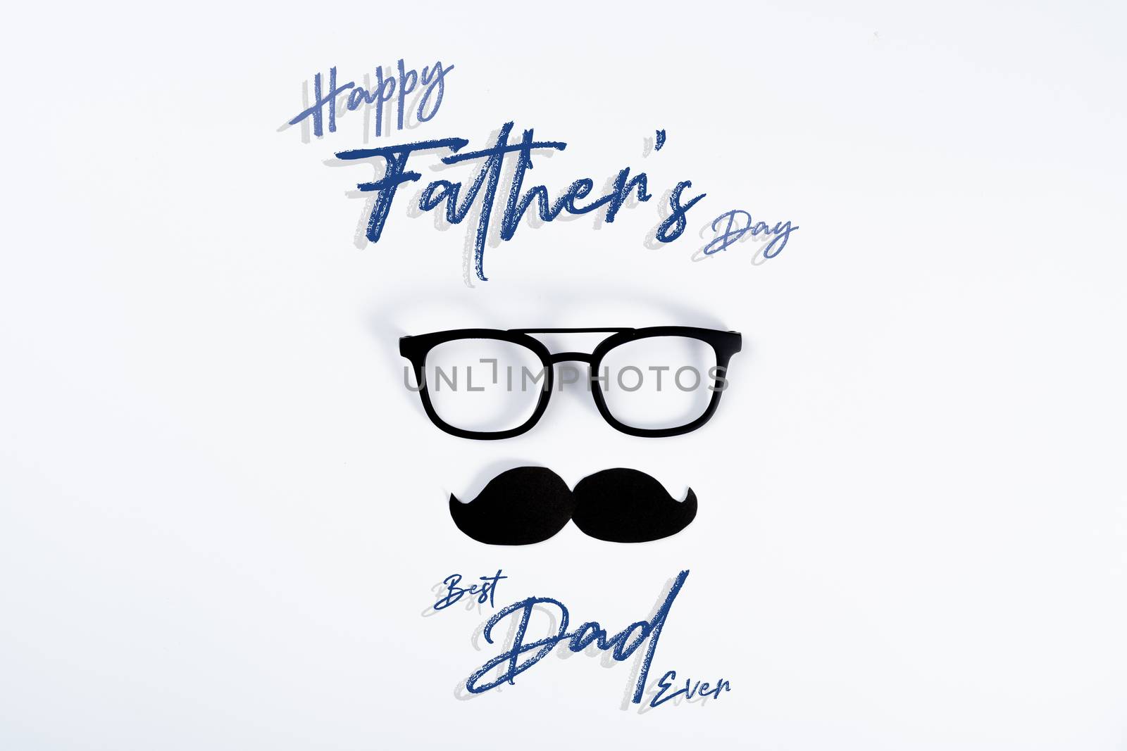 Happy Father Day background concept with glasses and black mustache on white background with copy space for text.