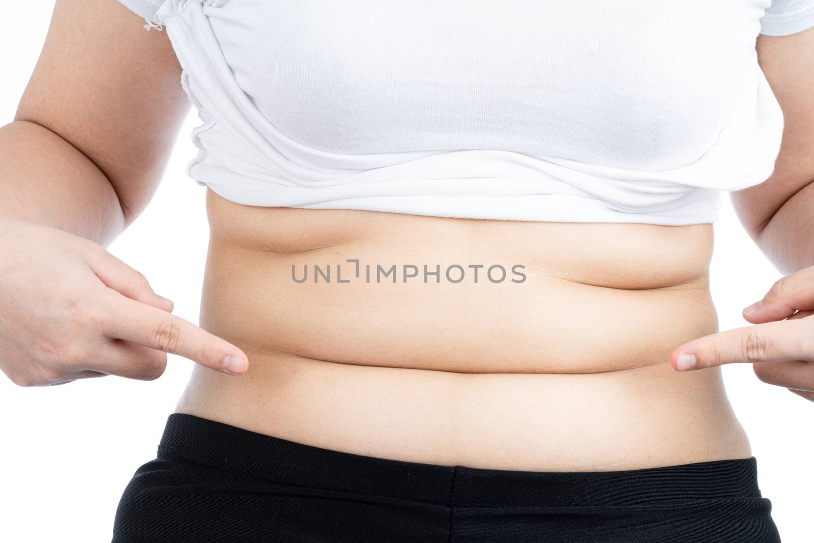Fat woman holding excessive fat belly, overweight fatty belly isolated on over white background. Diet lifestyle, weight loss, stomach muscle, healthy concept.