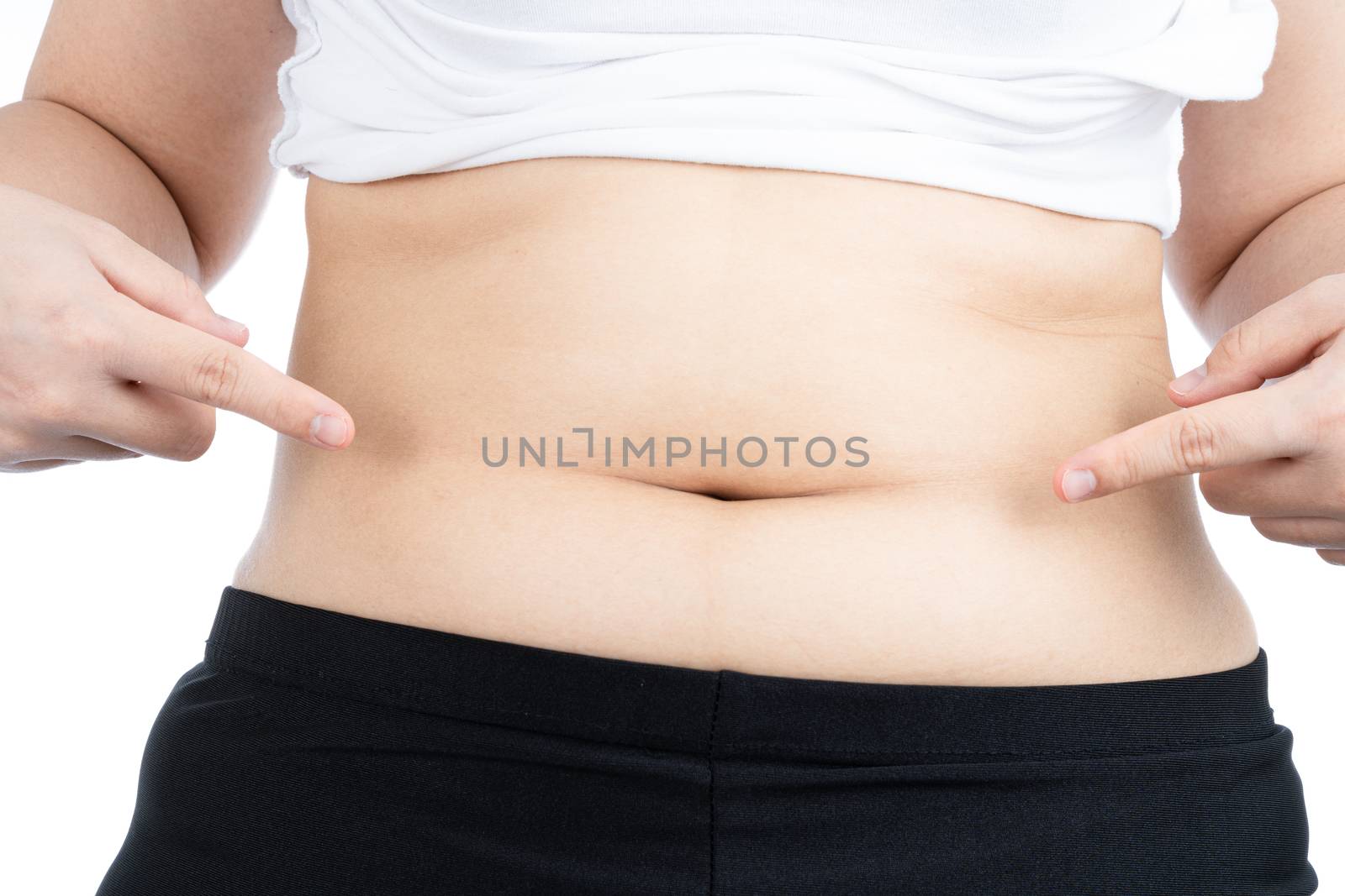 Fat woman holding excessive fat belly, overweight fatty belly isolated on over white background. Diet lifestyle, weight loss, stomach muscle, healthy concept.