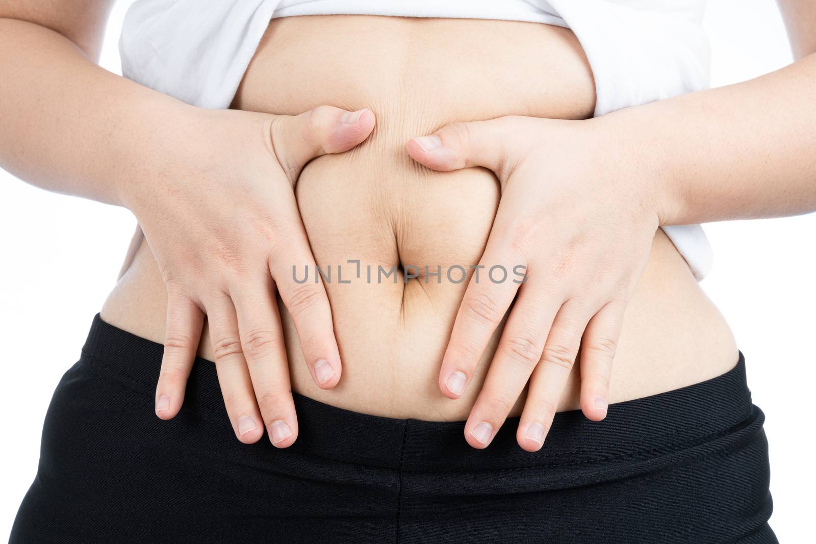 Fat woman holding excessive fat belly, overweight fatty belly isolated on over white background. Diet lifestyle, weight loss, stomach muscle, healthy concept.