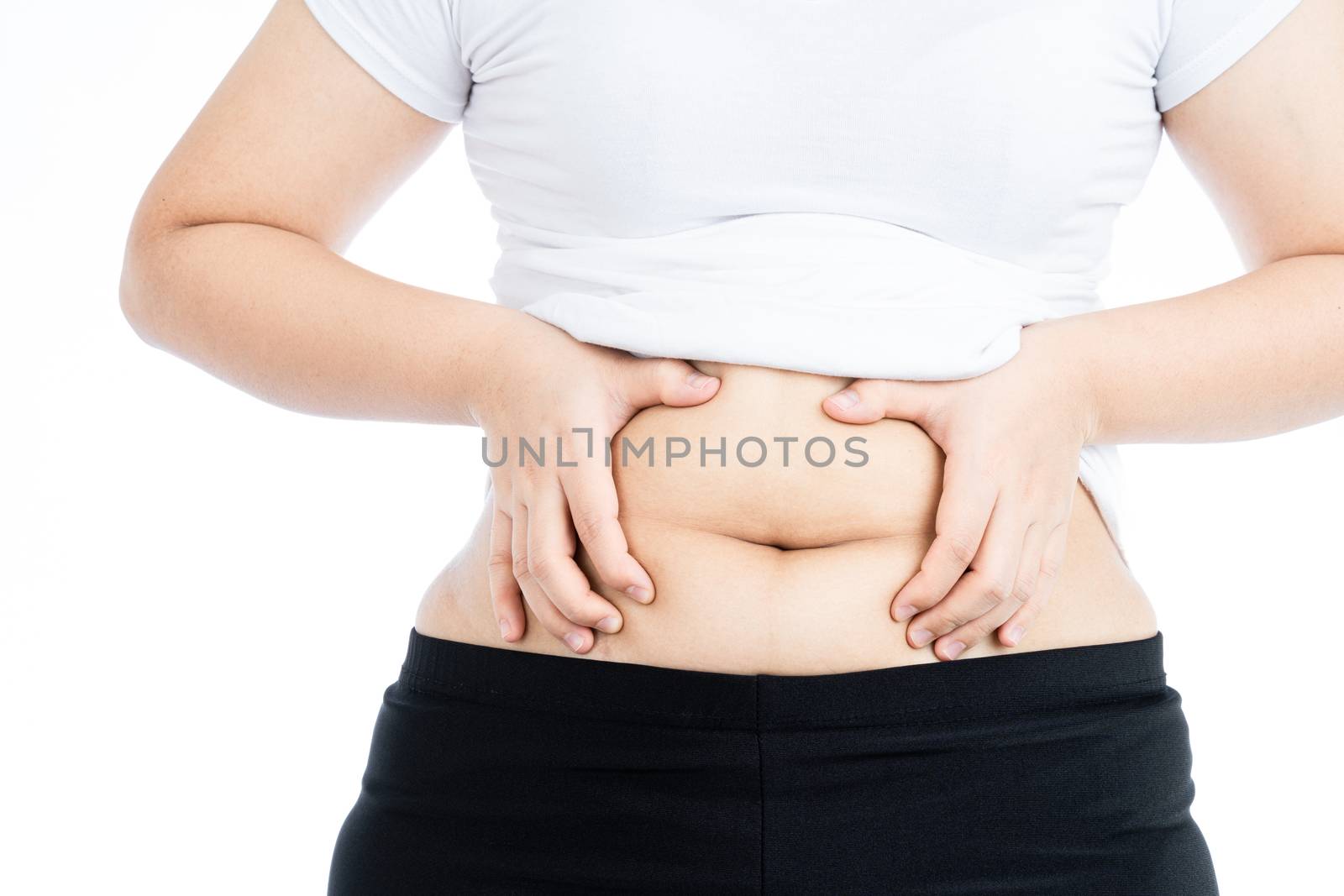 Fat woman holding excessive fat belly, overweight fatty belly isolated on over white background. Diet lifestyle, weight loss, stomach muscle, healthy concept.
