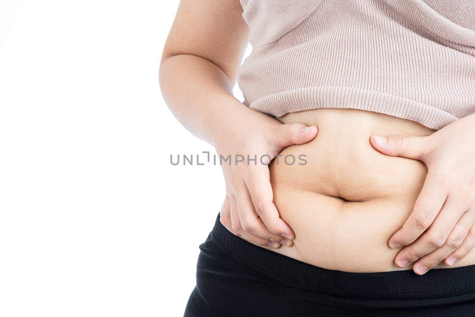 Fat woman holding excessive fat belly, overweight fatty belly isolated on over white background. Diet lifestyle, weight loss, stomach muscle, healthy concept.