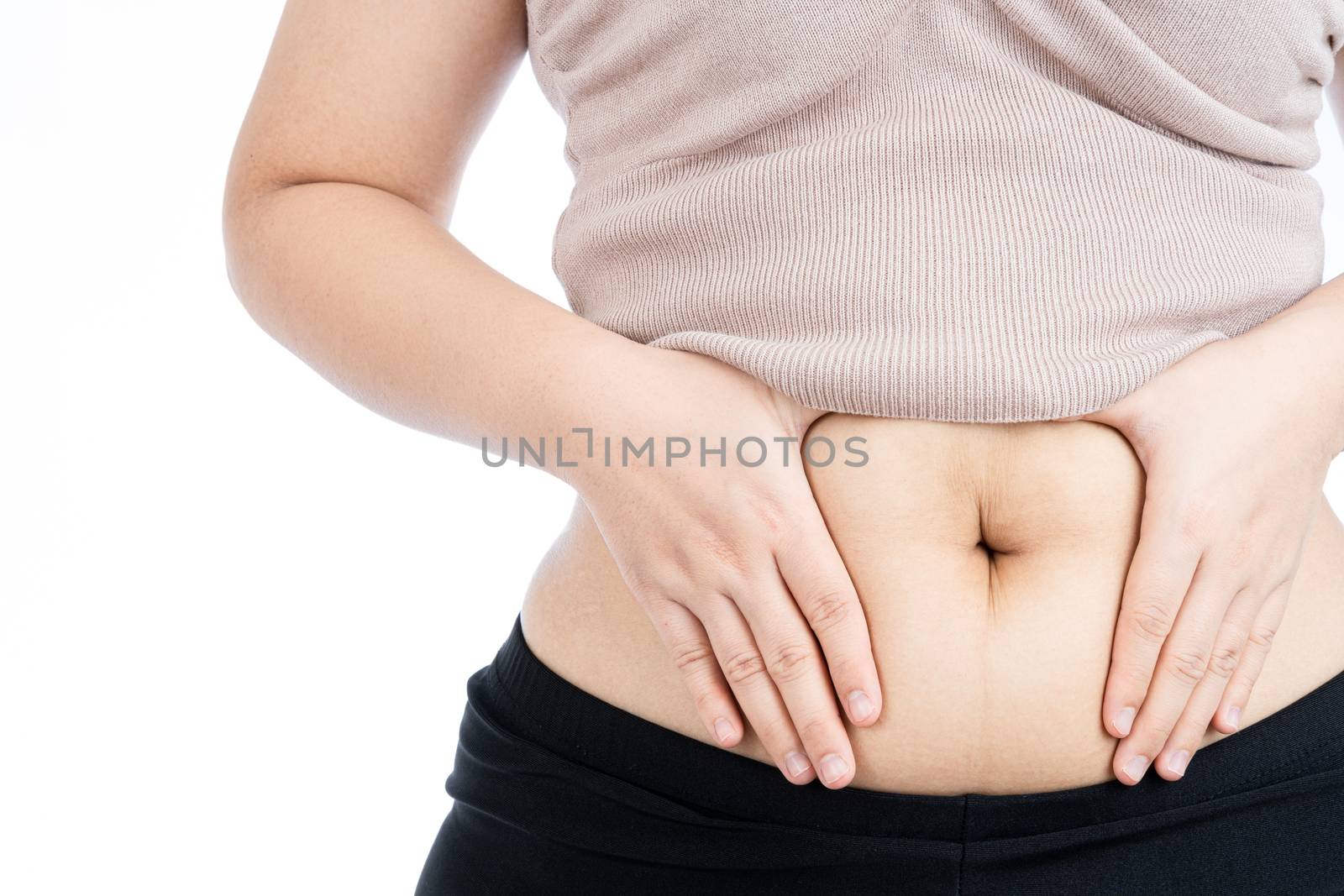 Fat woman holding excessive fat belly, overweight fatty belly isolated on over white background. Diet lifestyle, weight loss, stomach muscle, healthy concept.