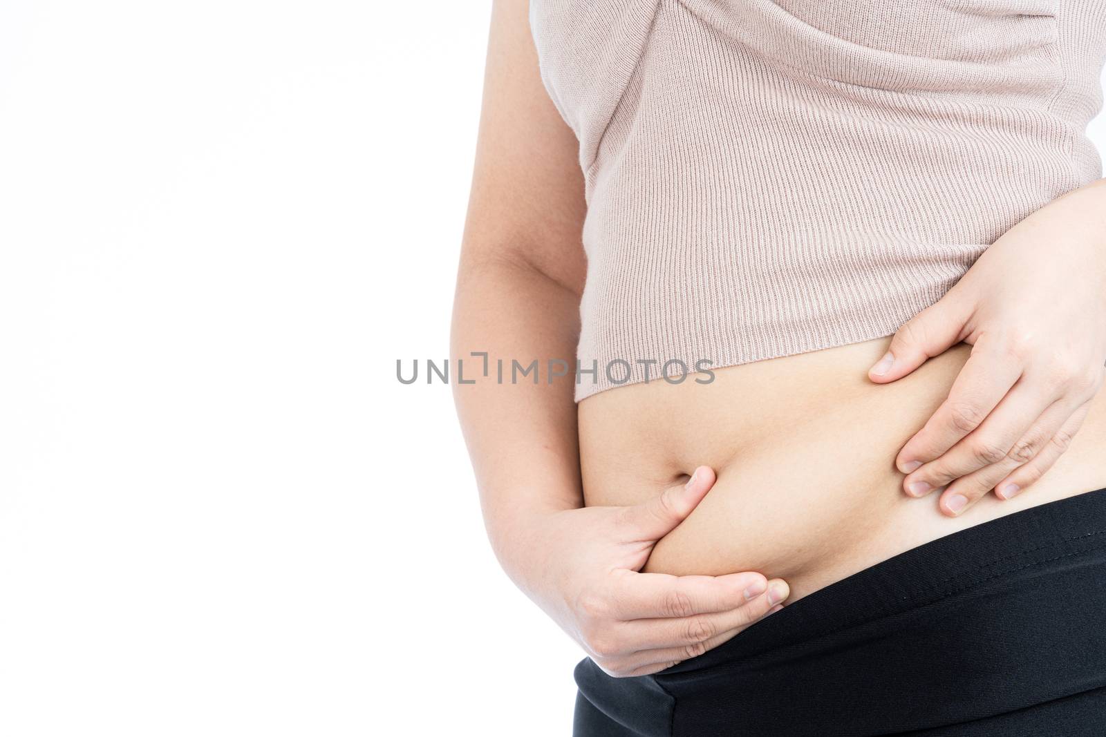 Fat woman holding excessive fat belly, overweight fatty belly isolated on over white background. Diet lifestyle, weight loss, stomach muscle, healthy concept.