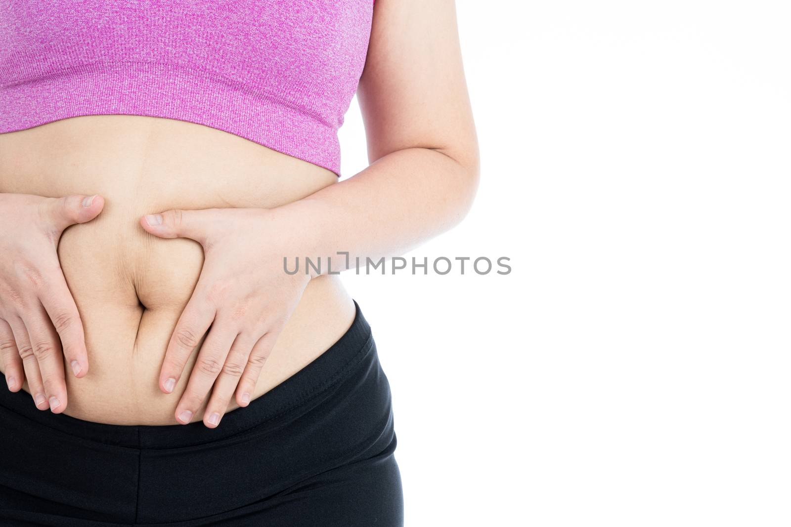 Fat woman holding excessive fat belly, overweight fatty belly isolated on over white background. Diet lifestyle, weight loss, stomach muscle, healthy concept.