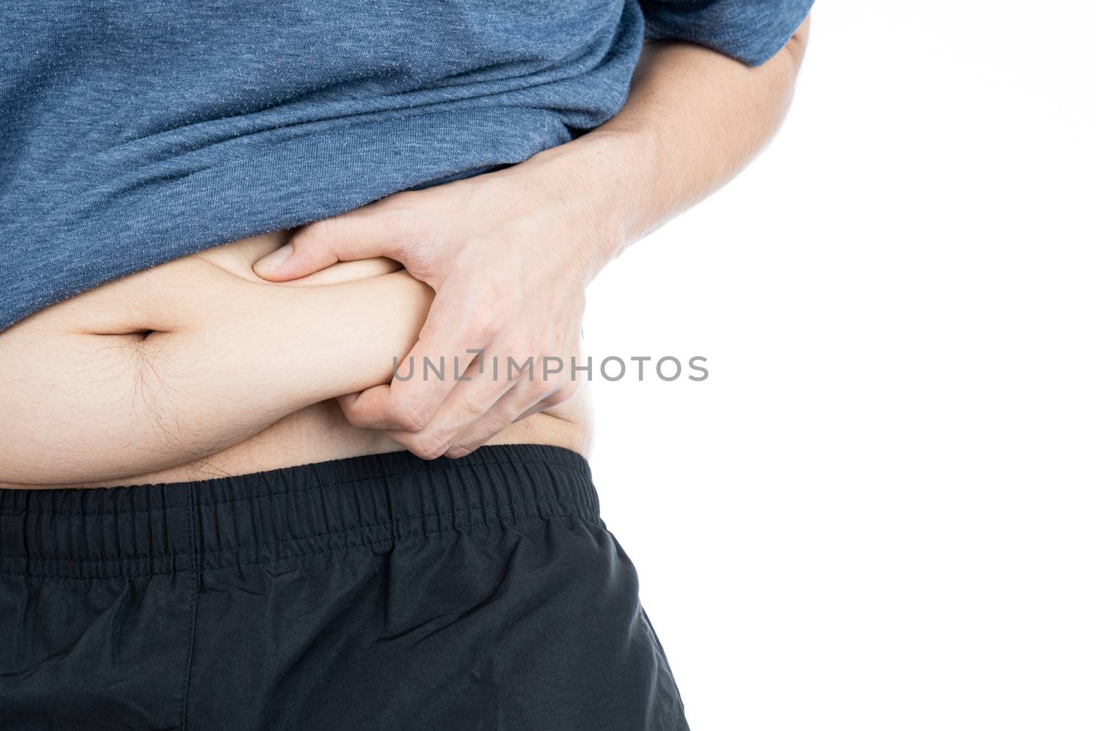 Fat man holding excessive fat belly, overweight fatty belly isolated on over white background. Diet lifestyle, weight loss, stomach muscle, healthy concept.