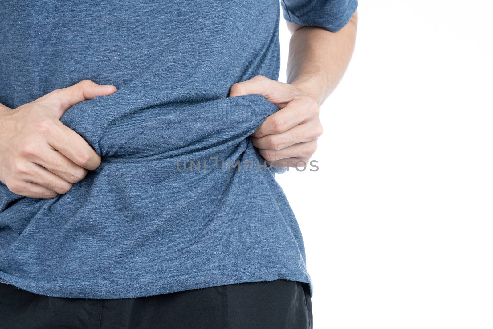 Fat man holding excessive fat belly, overweight fatty belly isolated on over white background. Diet lifestyle, weight loss, stomach muscle, healthy concept.