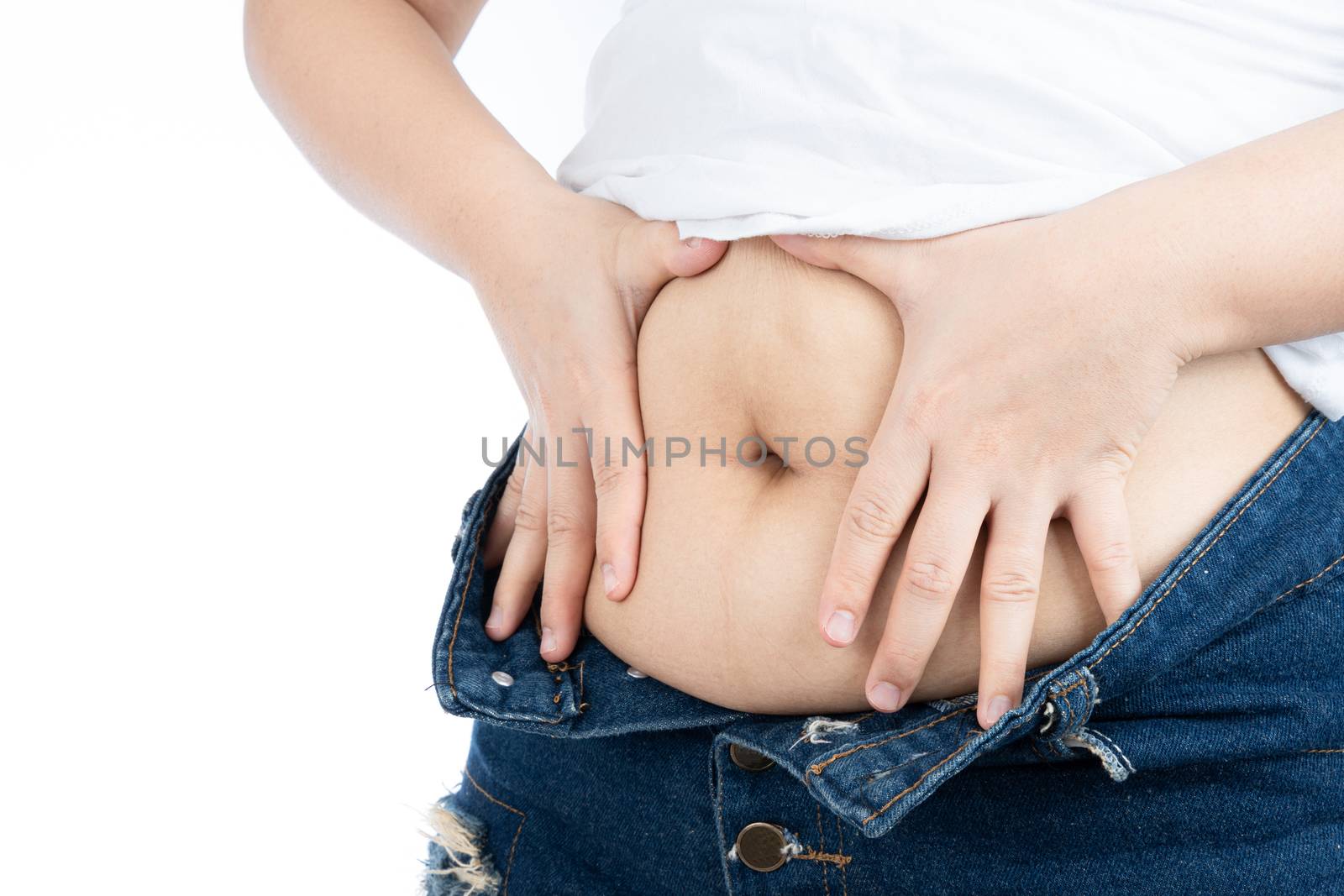 Fat woman holding excessive fat belly, overweight fatty belly isolated on over white background. Diet lifestyle, weight loss, stomach muscle, healthy concept.
