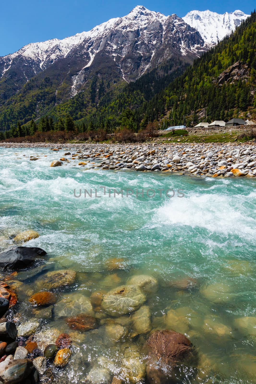 Baspa river in Himalayas mountains. Sangla Valley, Himachal Pradesh, India