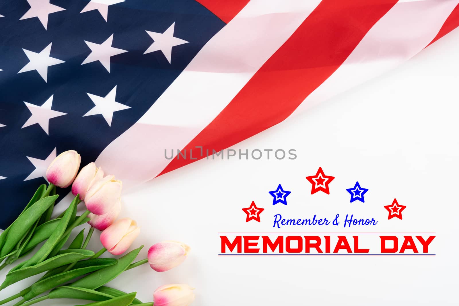 US American flag with tulip flower on white background. For USA Memorial day,  Memorial day. Top view with memorial day text.