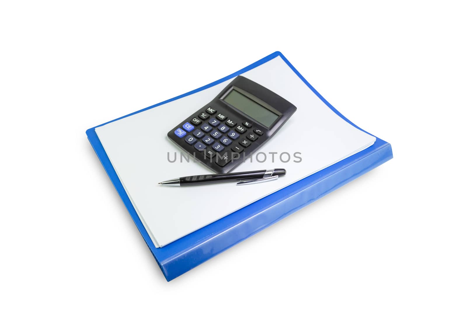 Blue file,  pen on white background isolated, concept Office equipment