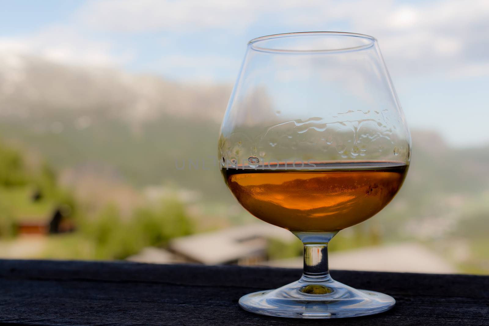 Glass with cognac or brandy in front of idyllic landscape. by Arkadij