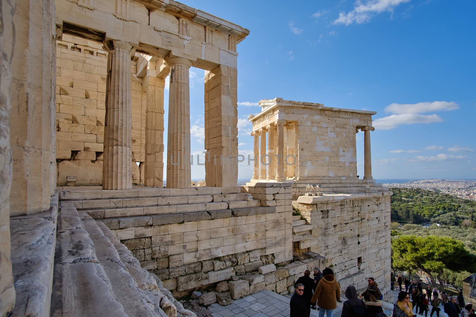 Athens, Greece - FEB 16, 2020 - Propylaea. The imposing entrance to the Acropolis.