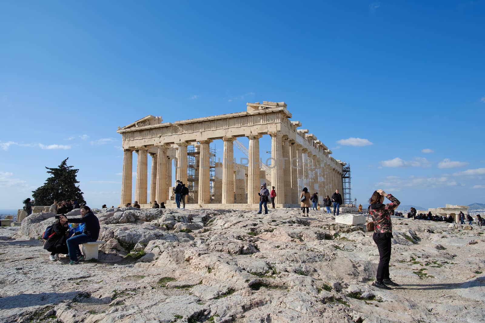 Athens, Greece - FEB 16, 2020 - Parthenon. Emblematic temple restored in an archaeological site with Doric columns built in 447 a. C.