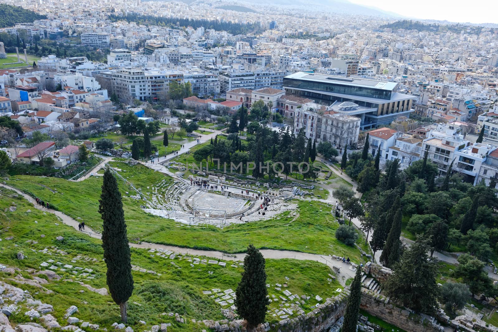 Athens, Greece - FEB 16, 2020 - Panoramic view of the Theatre of Dionysus at the foot of Acropolis in Athens, Greece.