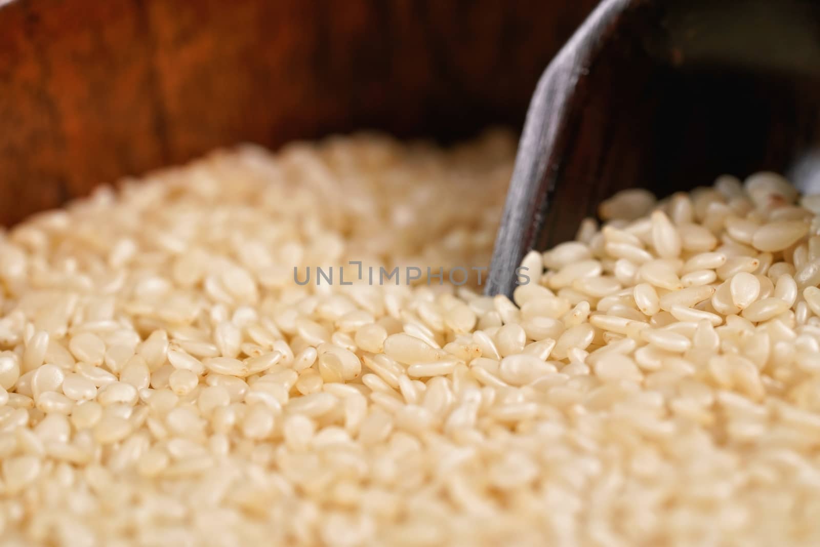 White sesame - Sesamum indicum - seeds in small wooden bowl with scoop - closeup macro detail by Ivanko