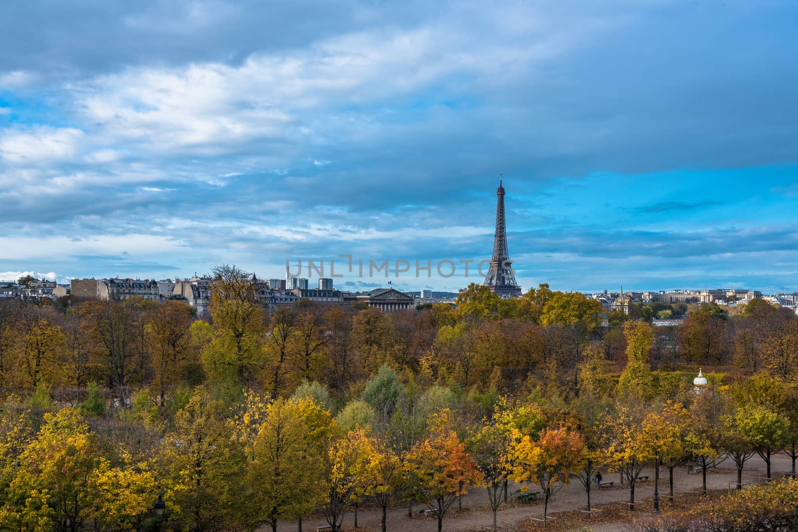 Paris, France -- November 5, 2017 -- Overlooking the Tuilery Gardens on a Paris morning, with the Eiffel tower in the background. Editorial Use Only.