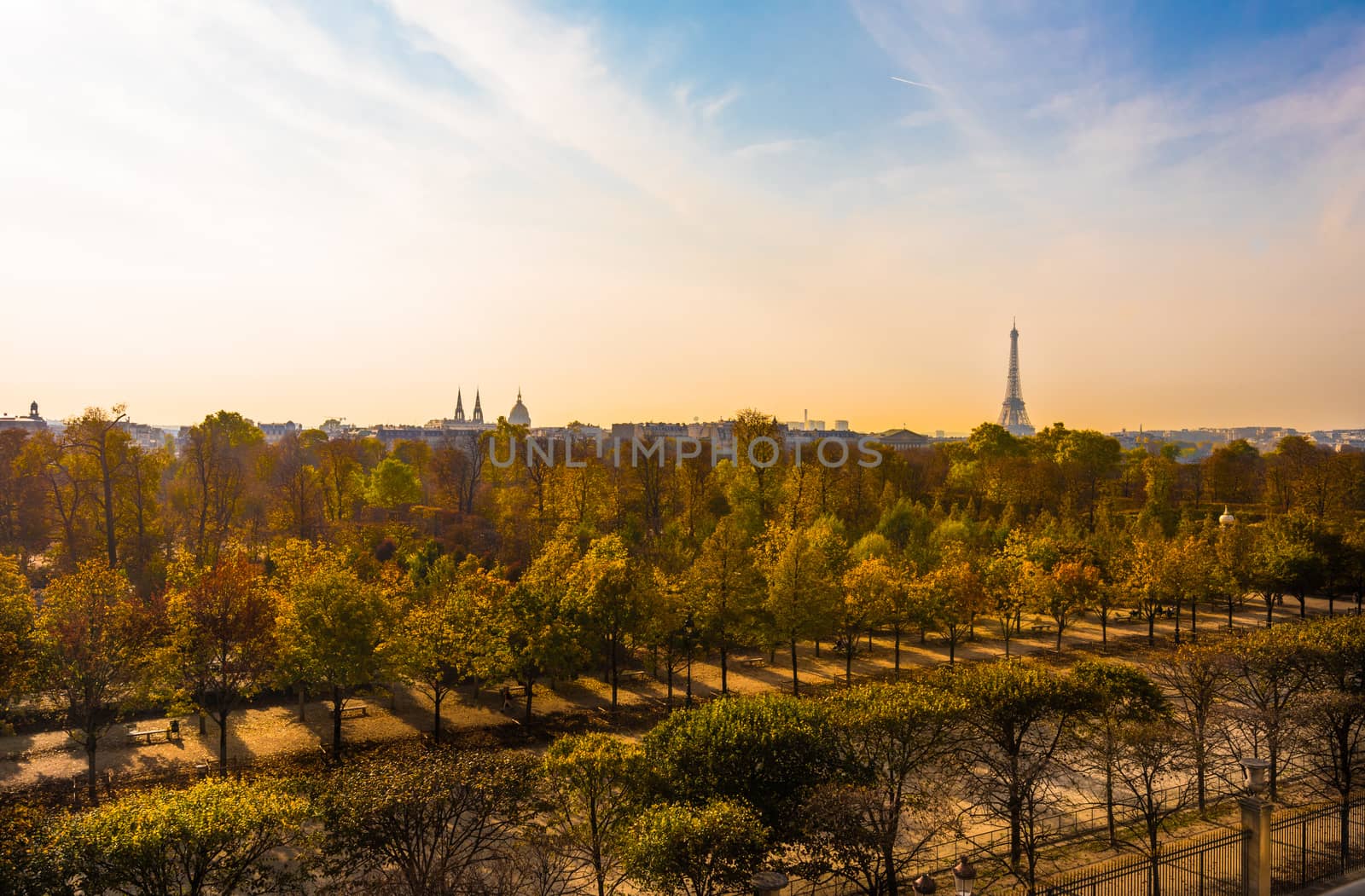 Paris, France -- November 3, 2017 -- Overlooking the Tuilery Gardens on a Paris morning, with the Eiffel tower in the background.