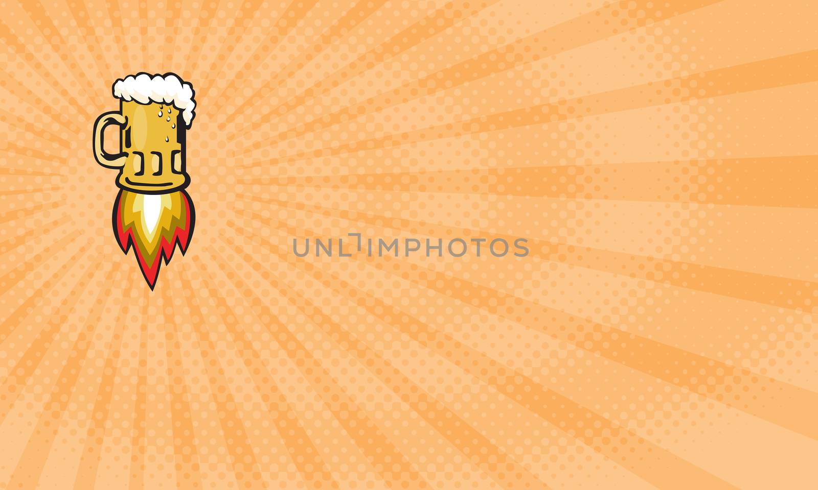 Business card showing Illustration of a beer mug with rocket burners blasting off done in retro style. 



