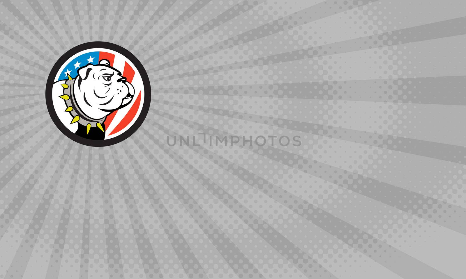 Business card showing Illustration of a bulldog head looking to the side set inside circle with usa american stars and stripes flag in the background done in cartoon style.



