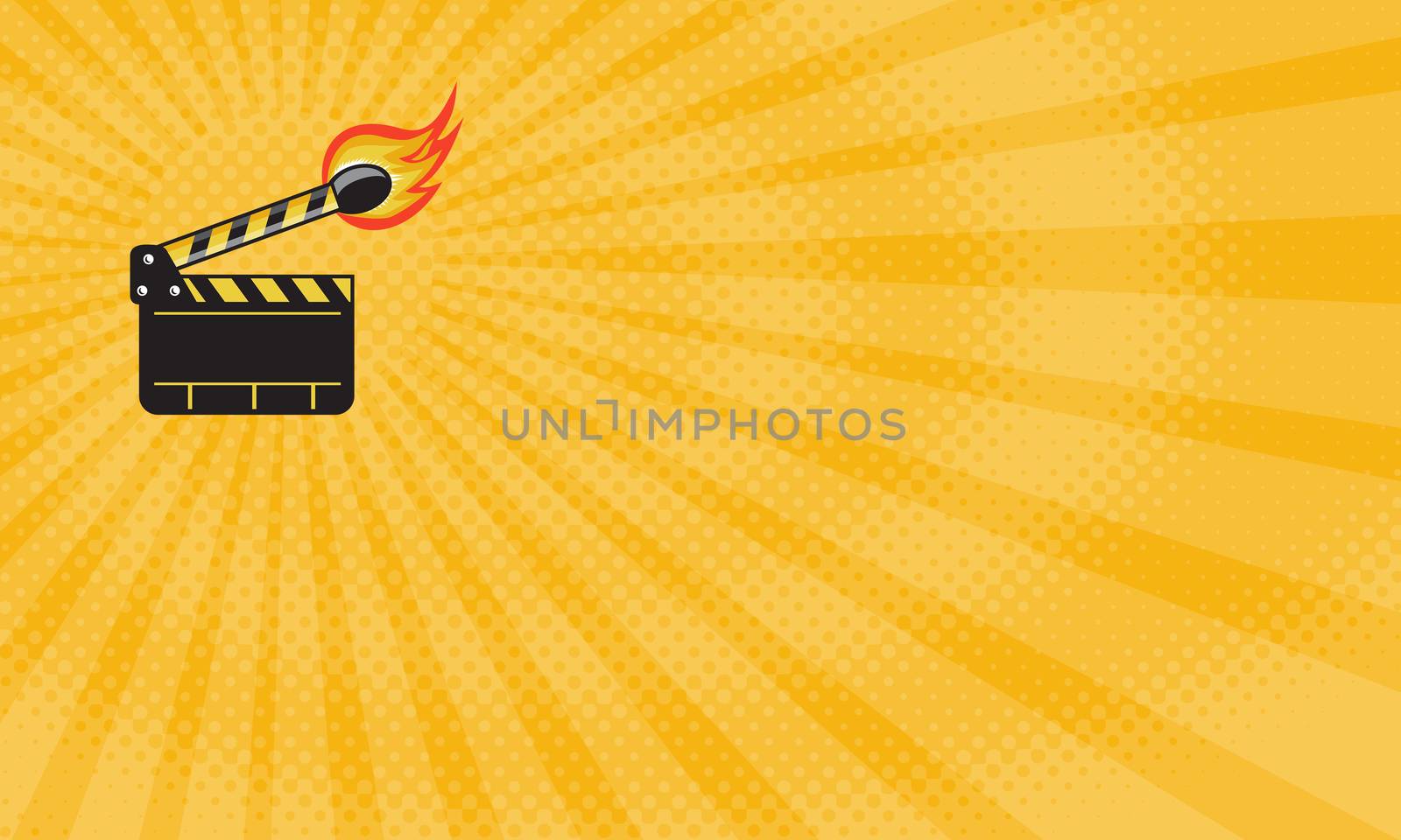 Business card showing Illustration of a clapper board match stick on fire set done in retro style. 



